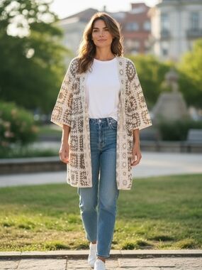 Anniewear Crochet Open-Front Cardigan in Cream and Brown